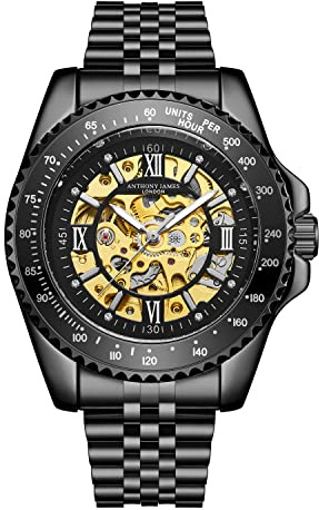 Anthony James Tachymeter sport automatiska armbandsur män - handmonterad vatten- och repbeständig analog klocka med delade sekundersräknare - automatisk skelettklocka - 5 års garanti, Svart, armband