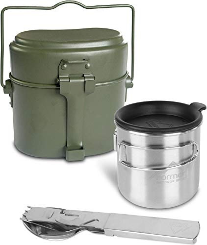 Bundeswehr Essgeschirrset Bund Essbesteck + BW Aluminium Kochgeschirr + Feldtasse mit Klappgriffen 500 ml + Trinkdeckel + Flaschenöffner und Dosenöffner Olive OneSize