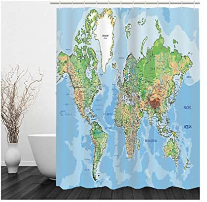 Hoisy Haken Duschvorhang, Duschvorhang Natur Karte Grün Blau Größe 120X180CM Schnell Trocknend Polyestergewebe Badezimmerzubehör
