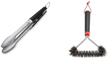 Weber 6610 Premium Grillzange aus Edelstahl, 43 cm & Three-Sided Grill Brush Dreiseitige Grillb rste, 30 cm, Schwarz/Silber, 6277