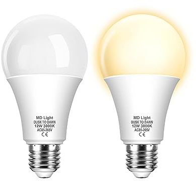MDLight 12W E27 LED-lampor skymningssensor, varmvit skymningsdetektor, 3 000 K, automatisk på/av för garage, hall, trädgård, trappor, set om 2