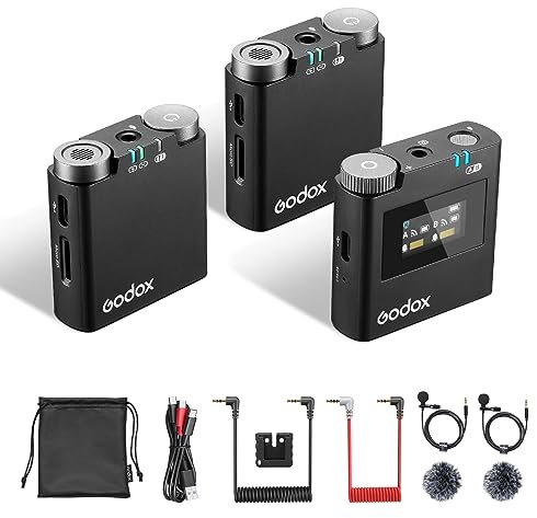 GODOX Virso S M2 2.4GHz Sistema de microfono inalambrico(2TX+1RX) para Camara Sony,Receptor con Montura Hotshoe,200m(656ft.) Rango de Grabacion Interna, Cancelacion de Ruido de Doble Canal, para Sony