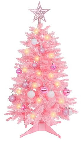 Sunshine Pink Christmas Tree with Light 3ft Artifical Full Christmas Tree with Ball & Star Ornaments 8 Lighting Modes for Holiday Decor