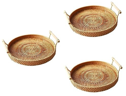 Lot De 3 Paniers De Rangement en Rotin Tressé Paniers De Pique- Plateau À Collations Paniers À Dessert Portables en Rotin D'extérieur Taille Moyenne Diamètre 28 X 3 5 Cm