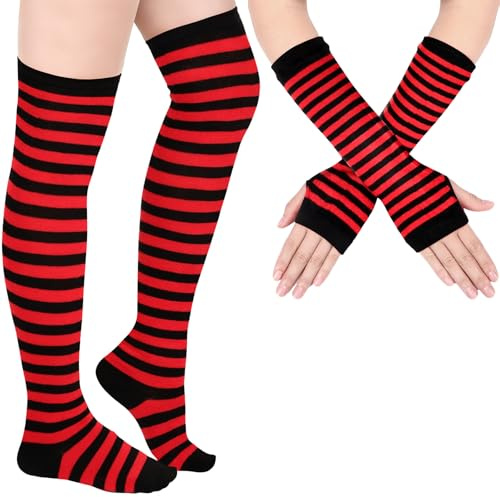 Blulu Armstulpe Beinwärmer für Damen Gestreifter Oberschenkel Strumpf Fingerlose Handschuhe Streifen Strumpf (Rot und Schwarz)