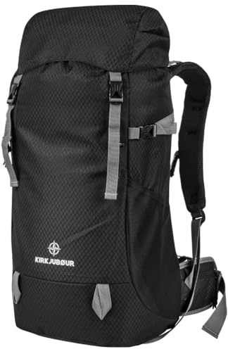 Kirkjubøur® Premium Outdoor Trekking Rucksack mit 30 L und 35 L, gepolsterter Wanderrucksack, flexibles Fassungsvermögen und wasserabweisendes Außenmaterial (Schwarz, 35 L)