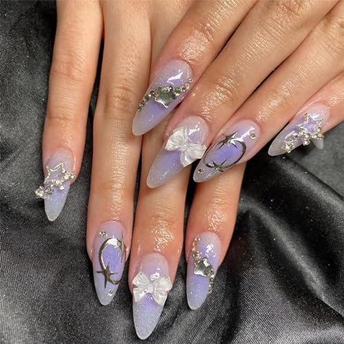 Angwis 24pcs Medium Almond False Nails Glitter Purple Ombre Stick on Nails 3D Bow Rhinestone Star Design Press on Nail Removable Glue-on Acrylic Full Cover Fake Nail Art Accessories for Women