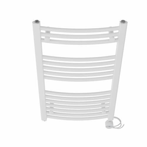 NRG Prefilled Curved Electric Towel Rail White 800x500mm 400W Touch LCD | Modern Designer Radiator, Prefilled Glycol, IPX4, 2-10h Timer, T-Piece, No WiFi, No Valves