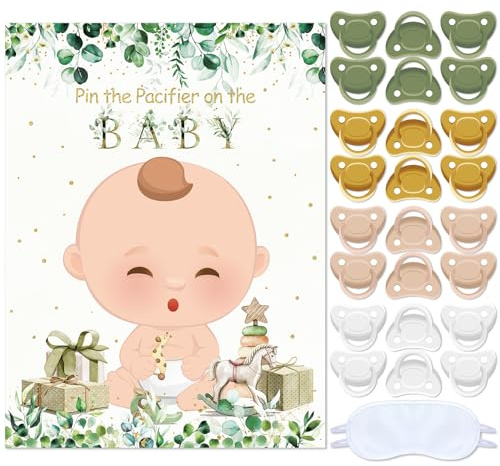 Sinmoe Pin The Pacifier Baby Shower Party Games Sage Green Baby Shower Decorations Pin Dummy on Poster Set with 24 Pcs Pacifier Stickers Blindfold for Birthday Party Decor Supplies