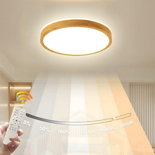 WayLuoung Trä LED-Taklampa | Ø40cm 3000-6000K 30W | Runda Topp 360° Glöd Naturlig Trälampa, Sovrum Vardagsrum Barnrum Kök Matsal Hemmakontor (Dimbar Med Fjärrkontroll)