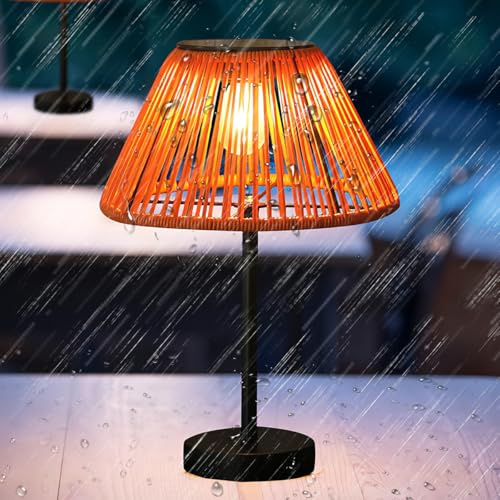 KZT Solar Tischlampe für Außen Solarleuchten LED Akku Tischleuchte Rattan Bambus Vintage Gartenleuchte IP44 Wasserdichtes Solarlampen für Ihr Haus Balkon Esstisch Hotel Solar Lampe 3000K Warmweiß