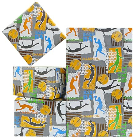 Basketball-Geschenkpapier, Sportthema, Geschenkpapier, 4 Bögen, 50 x 70 cm pro Blatt, Geburtstagsgeschenkpapier für Jungen, Kinder, Männer, Basketballliebhaber, Geburtstag, Urlaub