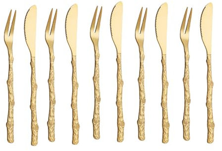 (10 Pièces) Branche En Acier Inoxydable Couteau Et Fourchette À Gâteau De Lune Ensemble De Couteaux Et Fourchettes À Fruits Dessert Couteau Et Fourchette À Gâteau De Lune (Or)