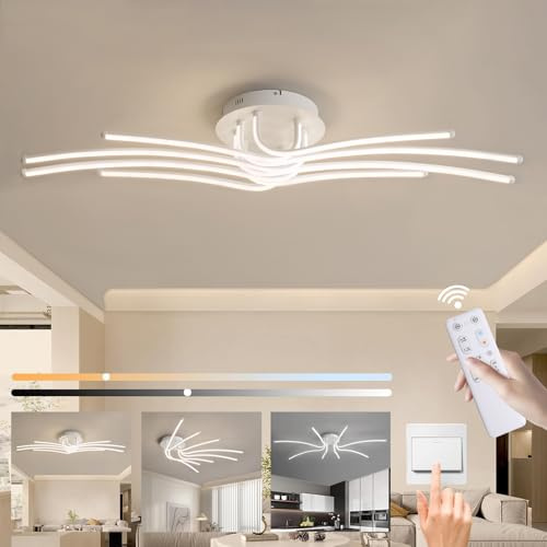 Liyabber LED Wohnzimmer Deckenleuchte Dimmbar Deckenlampe mit Fernbedienung, 118cm Schlafzimmerlampe aus Aluminium, 56W Weiß Wohnzimmerlampe, Modern 8 Flammig Deckenbeleuchtung mit Timing Funktion