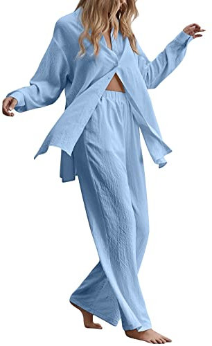 Frauen Damen 2 Stück Retro Plus Größe Baumwolle Leinen Hemd Hohe Taille Hosenanzug Top Hose Langarm Jumpsuit Festlich Damen Hochzeit Damen Kurze Hose Sommer