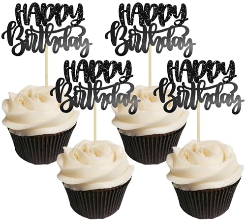 Gyufise 24Pcs Happy Birthday Cupcake Toppers Glitter Cake Topper Decorations for Kids Celebrating Babyshower Party Decoration Supplies Black