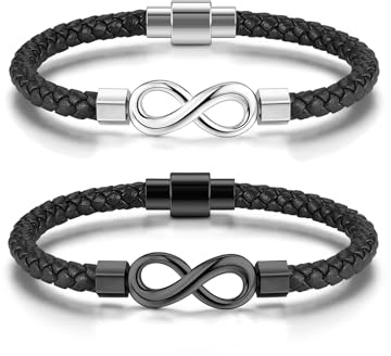 Zysta Bracciale Coppia Infinito in Acciaio Inossidabile Yin e Yang Bracciali Coppia a Corda Intrecciato in Pelle con Ciondolo Infinito per Fidanzati Braccialetto Rigido Regalo Anniversario Matrimionio