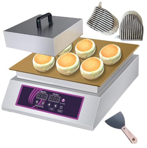 forplubossmmp Electric Muffins Waffle Maker with Copper Heating Plates 1300W for Commercial, Non-stick Pancake Maker with Temp + Time Display， Electric Contact Grill for Food Stand (with Gloves)