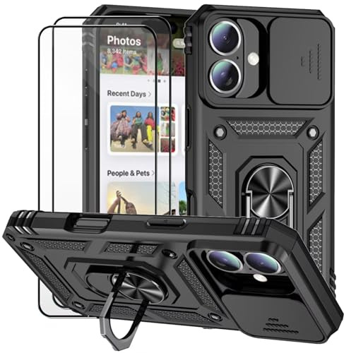 Dechyi Cover per Iphone 16 6.1 Pollici con Vetro Temperato Custodia con Scorrevole Protezione Fotocamera Custodia Rotante Anello Supporto Antiurto TPU Bumper Custodie-Nero