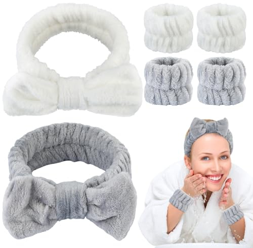 2 Stück Haarband Kosmetik Set, mit 2 Paar Handgelenk Waschband, Coral Fleece Make up Haarband für Waschen Gesicht, Yoga Sport, Hautpflege und Dusche