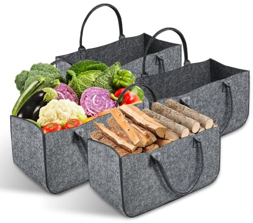 XXL Holzkorb für Kaminholz mit Tragegriffen,Faltbarer Kaminholzkorb Filztasche，Brennholzkorb aus Extradickem Filz,Extra Dicker Filzkorb,Aufbewahrungskorb für Holz,Zeitung,Brennholz-Grau,4 Packs