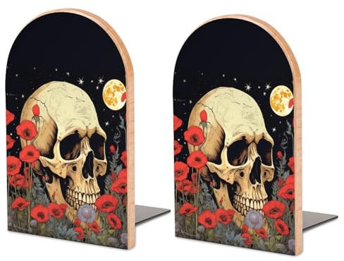 2 Stück Buchstützen aus Holz, Buchstützen mit Totenkopf-Motiv und roten Blumen für Regale, rutschfeste Buchstützen für Büro, Zuhause und Küche, Buchstützen zum Aufbewahren von Büchern, 12,7 x 7,6 cm