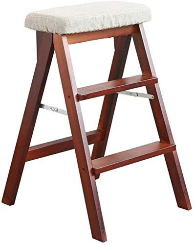 GAOXIONG Klappbare Trittleiter aus Massivholz, zusammenklappbar, braun, Trittleiter mit Hockerbeinen, multifunktionaler Leiterstuhl aus Holz für Küche und Büro mit 3 Stufen (Farbe: G) (B)