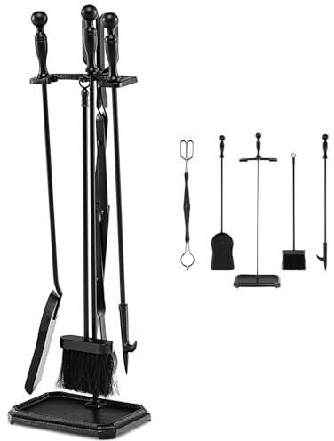 Juego de herramientas para chimenea, 5 piezas de accesorios de hierro forjado con soporte, incluye pinzas, pala, cepillo y póquer, ideal para quemador de leña y estufa de carbón, base redonda con 4