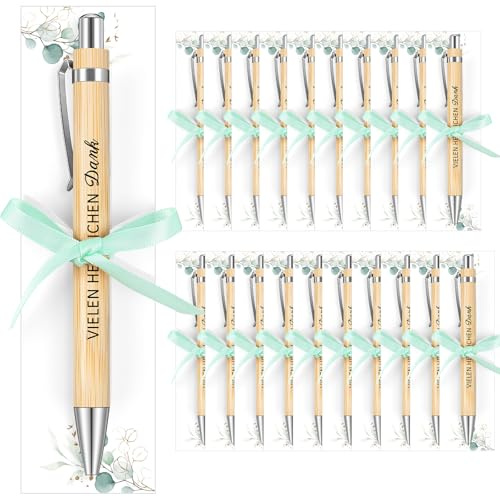 Tenare 20 Set Gastgeschenk Hochzeit Holz Kugelschreiber Druckkugelschreiber mit Spruch Karte Band Dankeschön Gastgeschenke Hochzeit Taufe Geburtstag (Simpel)