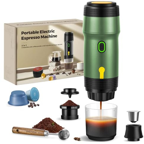 ICARE Machine à Café Portable, 3 en 1 pour Capsules et Café Moulu, Vert | 20 bars, à chauffage intégré, 92 °C, câble de recharge USB et voiture, batterie 7500 mAh, pour camping, voyages, bureau