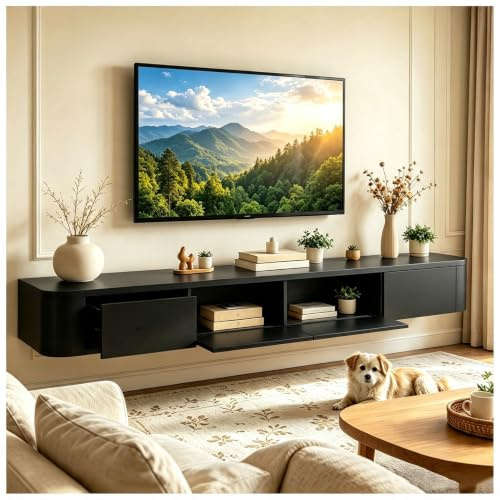 JUNFUNNLE TV Lowboard Hängend 260cm Schwarz, Schwebender TV Schrank für Wohnzimmer, Modernes TV Board Hänge mit 2 Schubladen 2 Klappen Türen, Wandmontage TV Möbel (Bereits montiert)