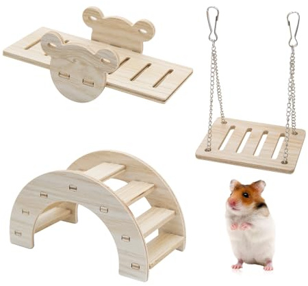 LuckyOpt 3 juguetes para hámsteres, columpio de madera para hámster, puente y balancín, accesorios de jaula para hámster, juguete de actividades para romper el aburrimiento, juguetes para mascotas
