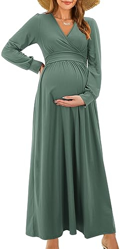 OUGES Damen Stillkleid Maxi Umstandskleid Festlich Lange Ärmel Wrap V Neck Schwangerschaftskleid für Fotoshooting-M