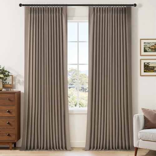 Dark Taupe Linen Sheer Curtains 96 Inches Long for Living Room 2 Panels Back Tab Pinch Pleated Drapes with Hooks Rings Light Filtering Burlap Farmhouse Ceiling Custom Made Memory Trained Curtain