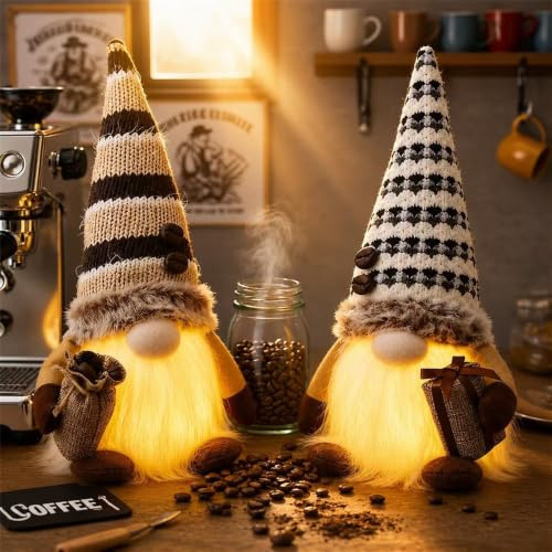 Sunshine smile 2 Stück Kaffee Wichtel mit LED Licht,Frühling Sommer Wichtel,Herbstdeko Wichtel,Figuren Frühling Kaffeebar Deko,Figuren Dekoration Frühlingdeko,Decorations Zubehör für Home Küche