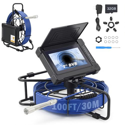 ZELCAN Telecamera per Fognature con 30 m Cavo e 7 Pollici Schermo LCD, Videoispezione per Tubazioni Impermeabile IP68 con Scheda da 32GB, Ricaricabile Telecamera Ispezione Tubi di Scarico Fognatura