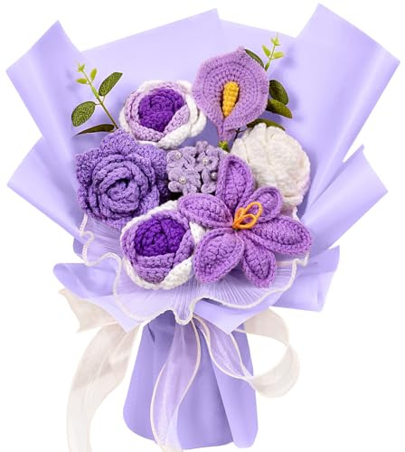 Wishwell Pop Crochet Flower Bouquet - Crochet Rose Tulip Calla Lily Flowers Bouquet for Mother's Day, Anniversary, Birthday, Gifts for Mom, Grandmother, Friends, Teachers, Purple
