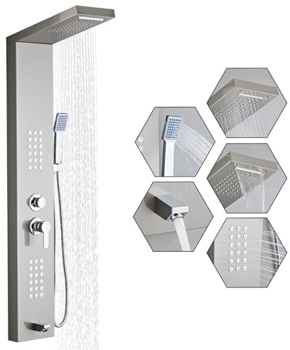 HSYLYPA Shower Panel Tower System 5-in-1 Shower Panel Tower with Powerful Body Massage, Rainfall, Waterfall,Handheld and Tub Spout, Stainless Steel Shower Column - Brushed Gray