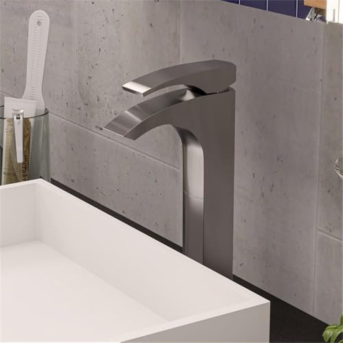 Pemberly Row Tall Single Lever Bathroom Faucet, Solid Brass with Brushed Nickel Finish, Fixed Spout, Deck Mount Design, Ideal for Vessel Sink, Modern Style for Bathroom Decor