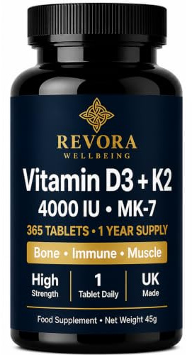Revora Vitamin D3 4000 IU + K2 MK7 100mcg Tablets, 1 Year Supply, 365 Tablets, High Strength Vitamin D3 K2 Supplement for Bone and Immune Support, 1 A Day, UK Made Vegetarian