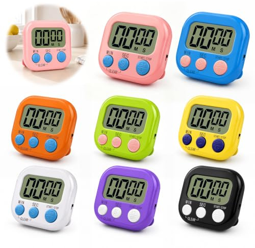 ZMCVOE Küchentimer Magnetisch, 8 Stück Digitaler Timer mit LCD Display, Eieruhr Digital, Digitaler Küchentimer mit Klappbarem Ständer, Kurzzeitwecker Digital für Büro Kochen Sport Klassenzimmer