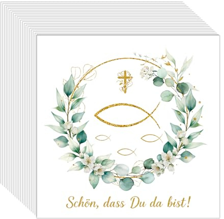 40 Servietten Kommunion, 33x33 cm Fisch & Eukalyptus Design, „Schön, dass du da bist!“, Tischdeko für Taufe, Kommunion, Konfirmation Deko Junge Mädchen,Festliche Anlässe