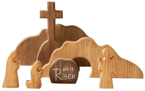 Decorazioni pasquali, statuetta in legno, materiale in legno, scena della risurrezione pasquale in legno, set di vassoi per tomba con croce di Gesù, rappresentazione biblica, per mensole da