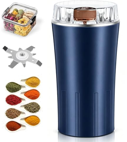 Macina Semi di Lino, Compatto Facile Macina Caffè Elettrico Macinaspezie Elettrico in Acciaio Inox per Semi, Spezie, Pepe, Caffè, Sale, Erbe e Uso Domestico Quotidiano (Blue)