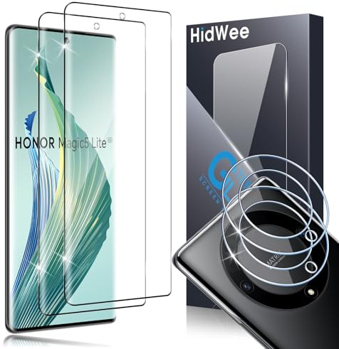 HidWee Compatible con Honor Magic 5 Lite Cristal Templado, 2Pcs Protector de Pantalla + 2Pcs Protector de Lente Cámara, 3D Cobertura Completa Dureza 9H Vidrio Templado