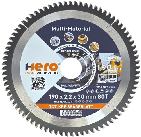 HERO Kreissägeblatt 190 x 30 mm 80 Zähne – Profi Hartmetall TCT Multi Material Sägeblatt für Holz, Laminat, Aluminium, PVC & NE-Metalle – Präzisions Feinschnitt
