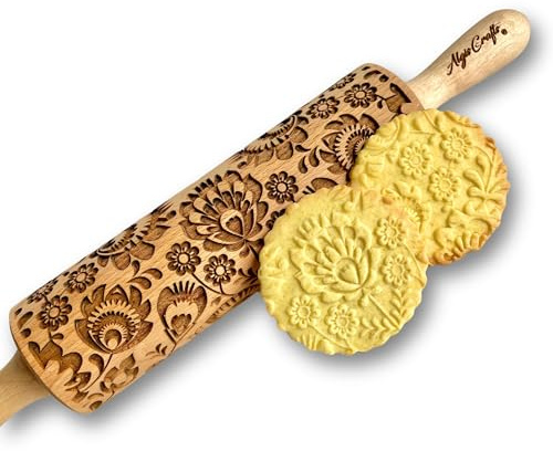 FOLCLORE Mattarello Decorativo per Biscotti | Mattarello Inciso | Rullo per Biscotti e per Modellare | Mattarello Legno Goffrato di Algis Crafts