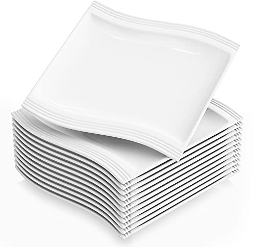 MALACASA, Serie Flora, 12 teilig Set CremeWeiß Porzellan Flachteller Speiseteller Essteller 10,25 Zoll / 26x27x2,5 cm für 12 Personen