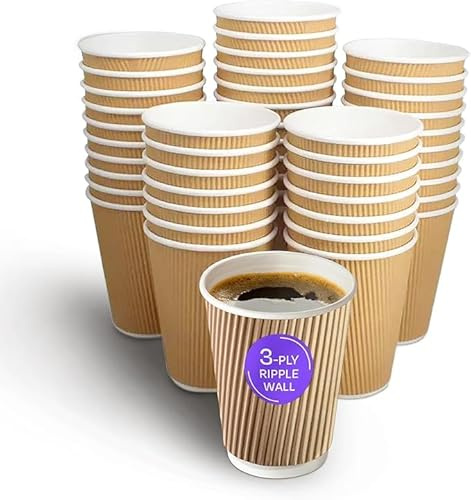 We Can Source It Ltd - 500 x 8oz Ripple Brown Kraft Paper Cups - Strong 3-PLY Disposable Insulated Coffee Cups - Leak-Proof Recyclable Drinking Cups for Hot Drinks, Tea, Coffee and Beverages