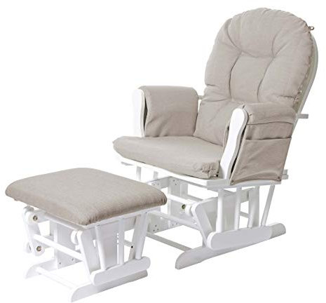 Mendler Relaxsessel HWC-C76, Schaukelstuhl Sessel Schwingstuhl mit Hocker - Stoff/Textil, Creme, Gestell weiß